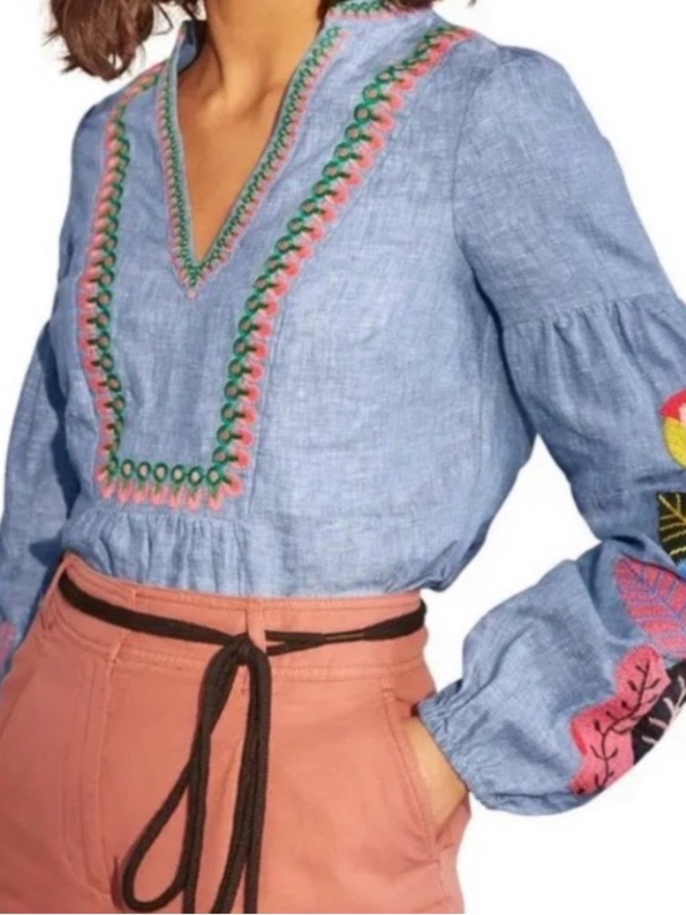 Boden Tropical Embroidered V-Neck Linen Chambray Top NWT